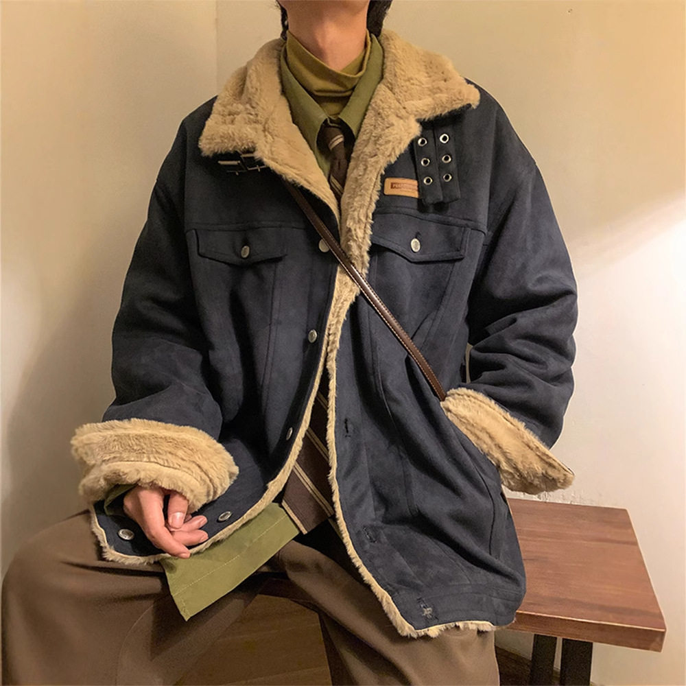 日系复古羊羔绒翻领加厚男士棉服