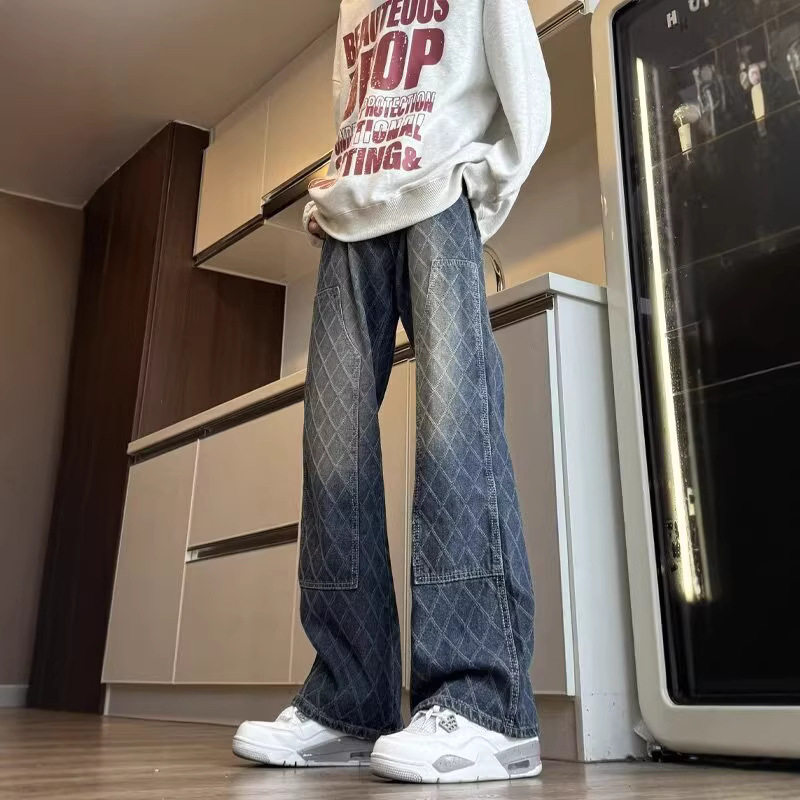美式复古高街菱格直筒牛仔裤男