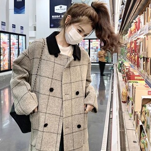 黑白格设计感新款时尚毛呢大衣中长款复古西装格子赫本风呢子外套