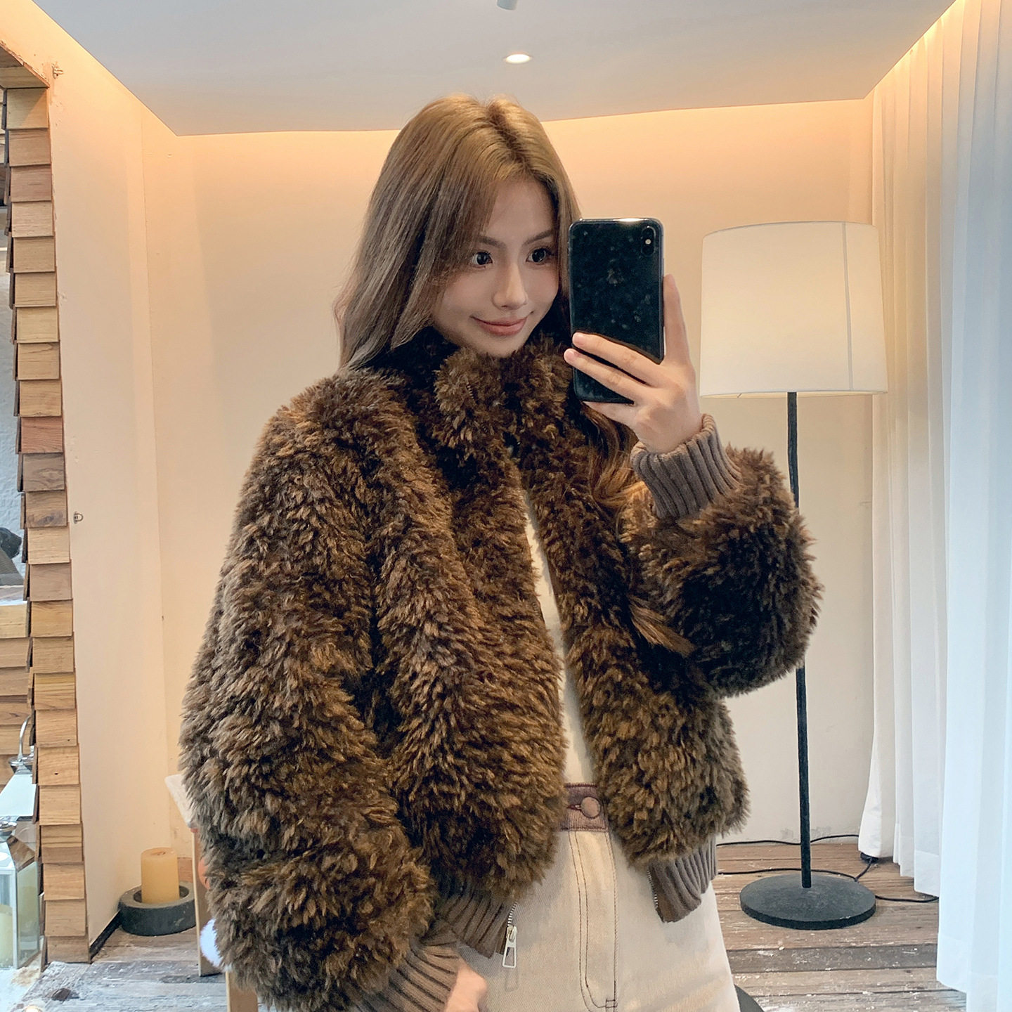 秋冬新款甜美仿羊羔毛针织女外套