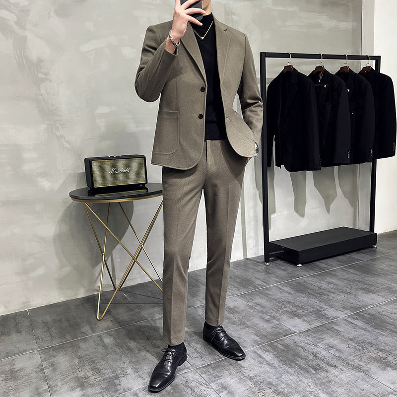 春秋加厚毛呢修身英伦西服两件套