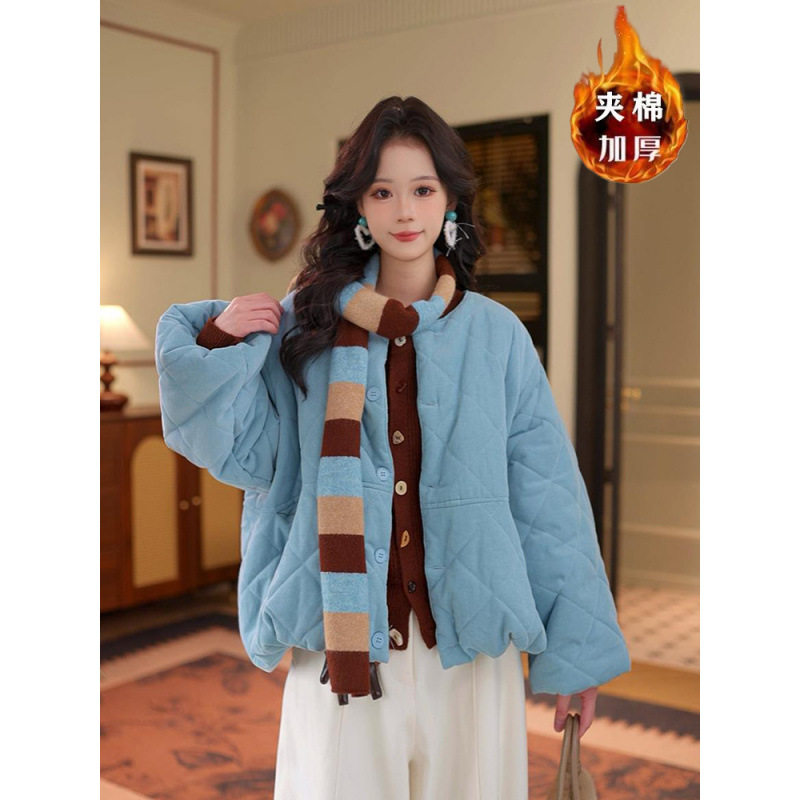 港风复古灯芯绒保暖翻领棉服女