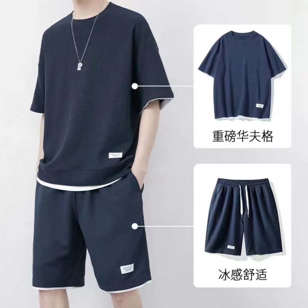 夏季日系华夫格男运动套装