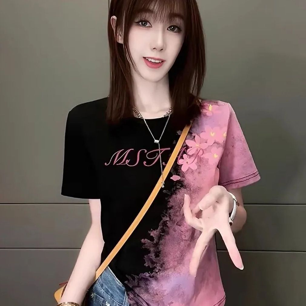 美式高街扎染设计感印花圆领短袖t恤女夏季新款时尚显瘦独特上衣