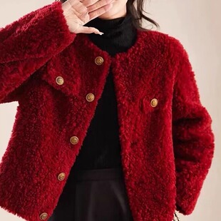 红色小香风羊羔毛外套女2026新款秋冬小个子加绒皮毛一体短款皮草