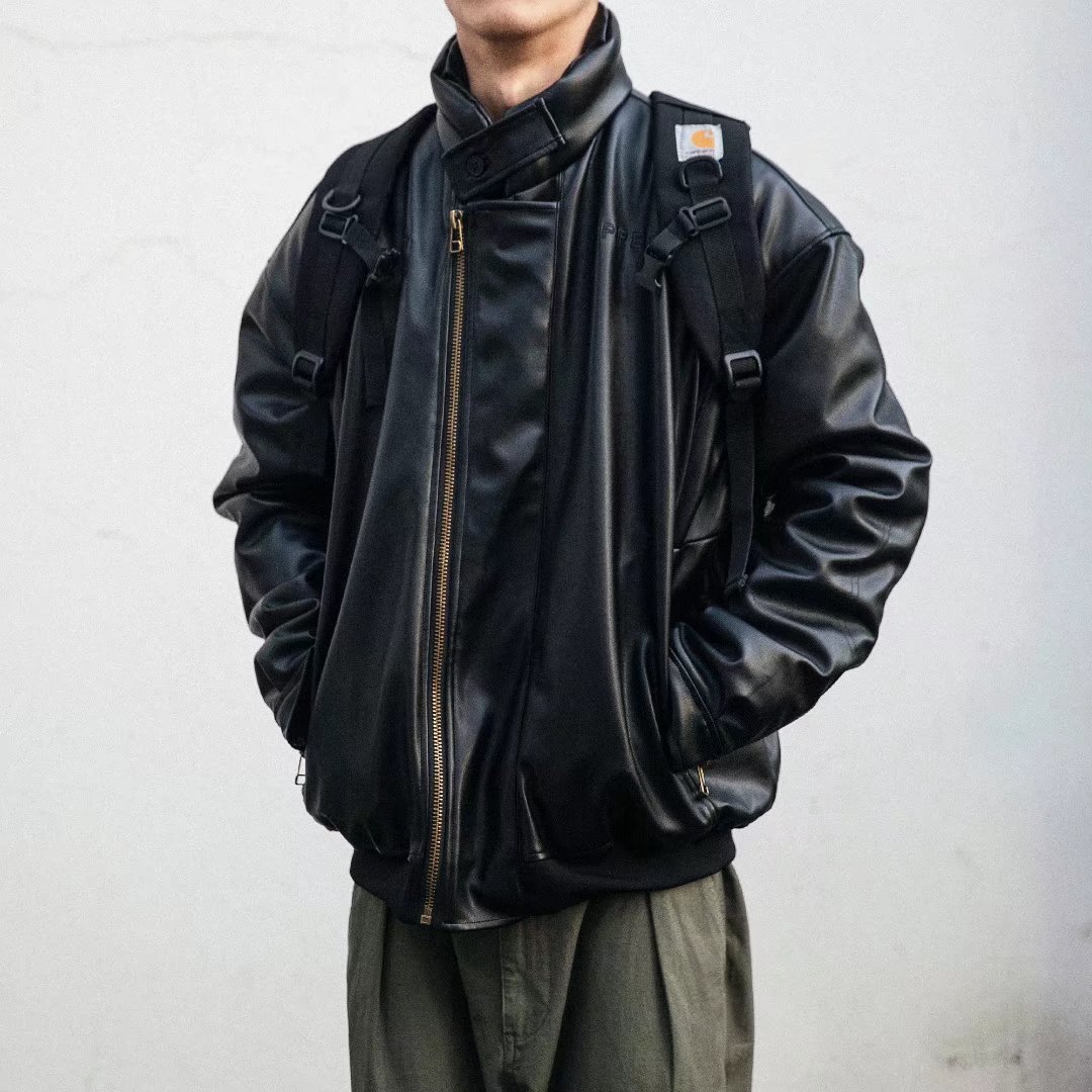 日系潮牌立领机车皮衣男加厚保暖