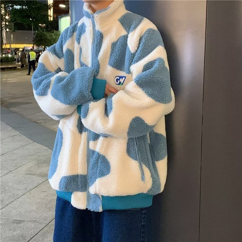 秋冬季扎染羊羔绒棉服男女撞色潮流宽松棉衣港风休闲百搭时尚外套