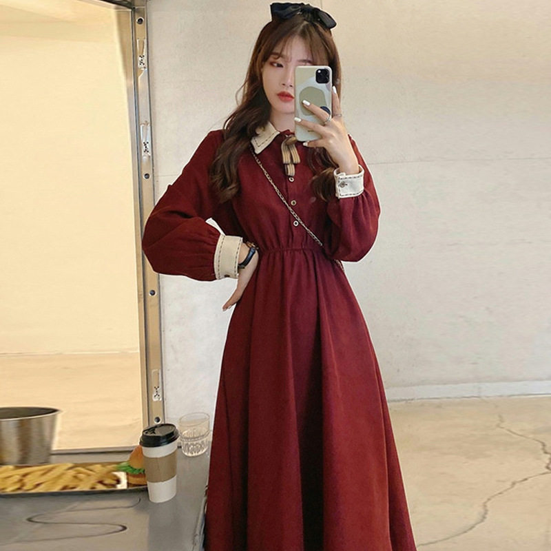 红色长袖法式初恋小个子连衣裙