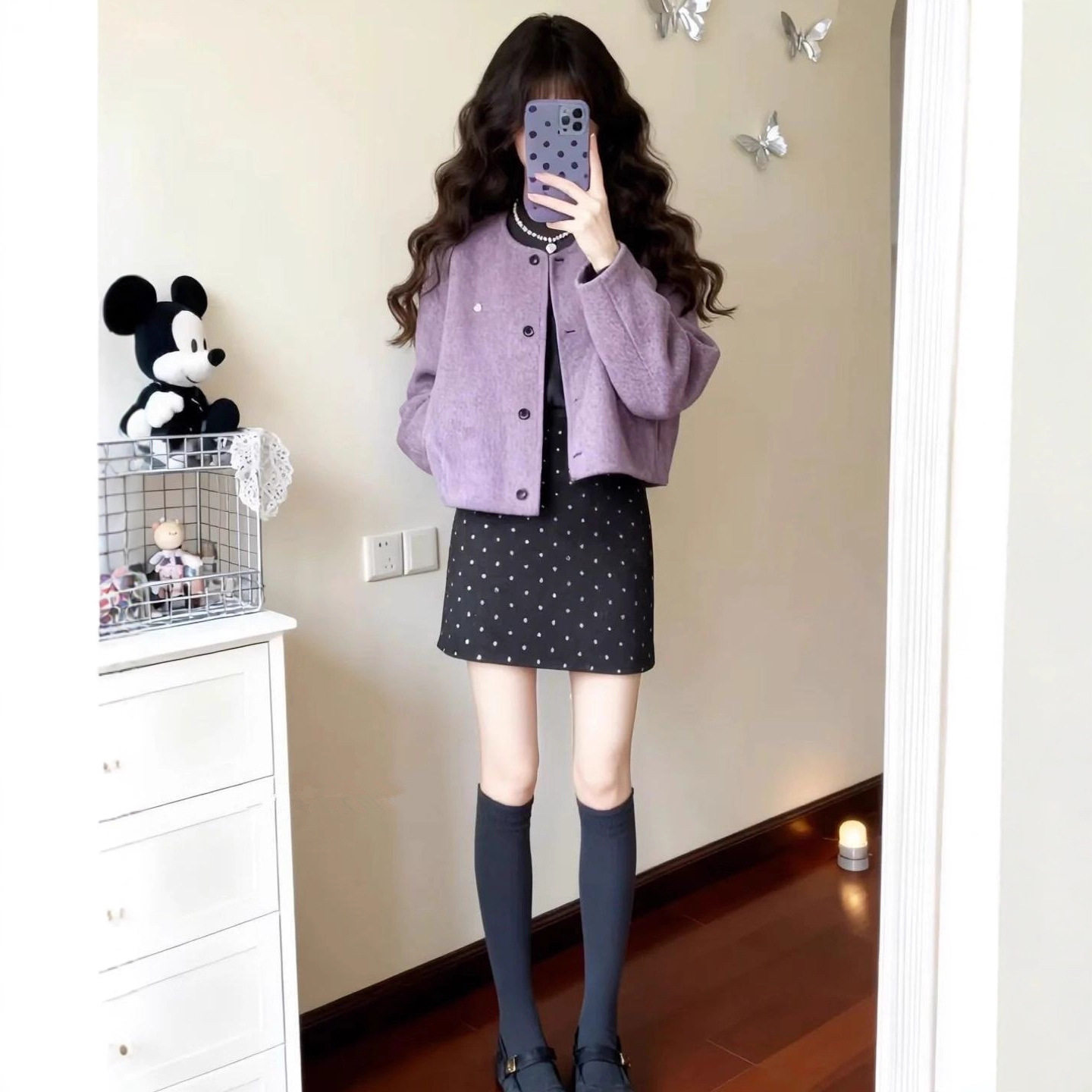 2026春季紫色毛呢波点裙套装女