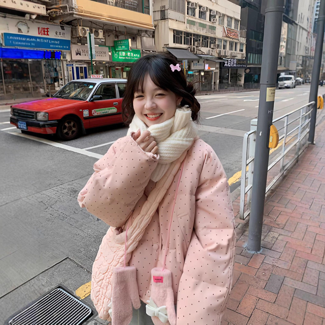 粉色波点加厚短款棉服女冬季