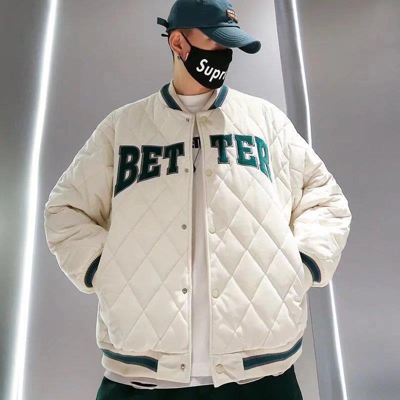 冬季加厚菱格绒面情侣棒球棉服