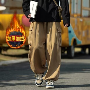日系cityboy裤子男高街美式多口袋卡其色阔腿工装裤休闲直筒加绒