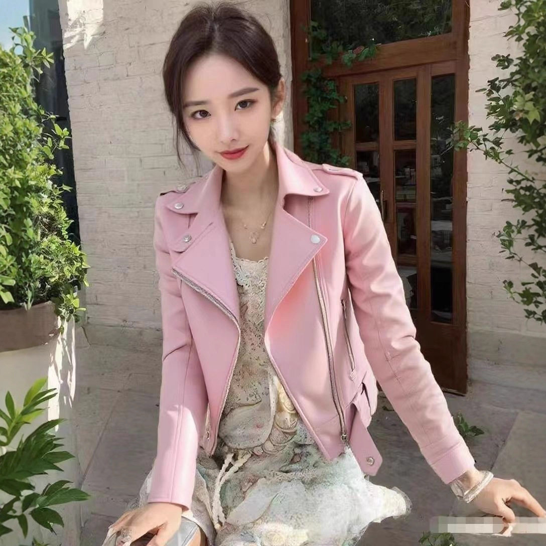 春秋PU短款修身粉色皮衣女