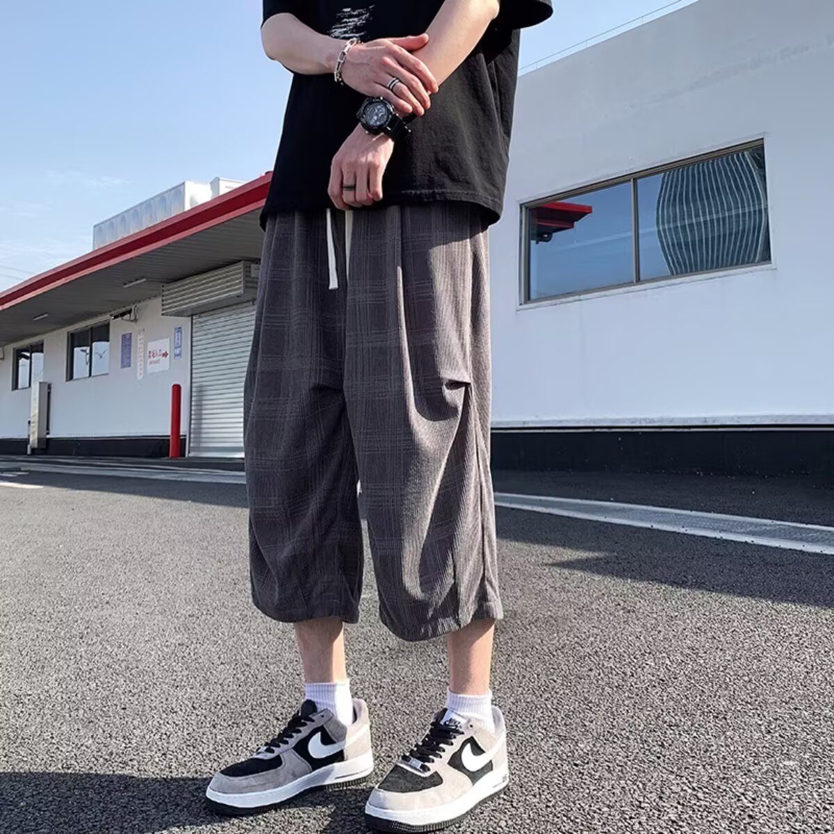 夏季日系复古格子宽松七分裤男