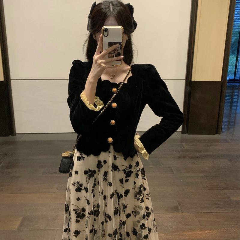 2026款小香风丝绒网纱套装女