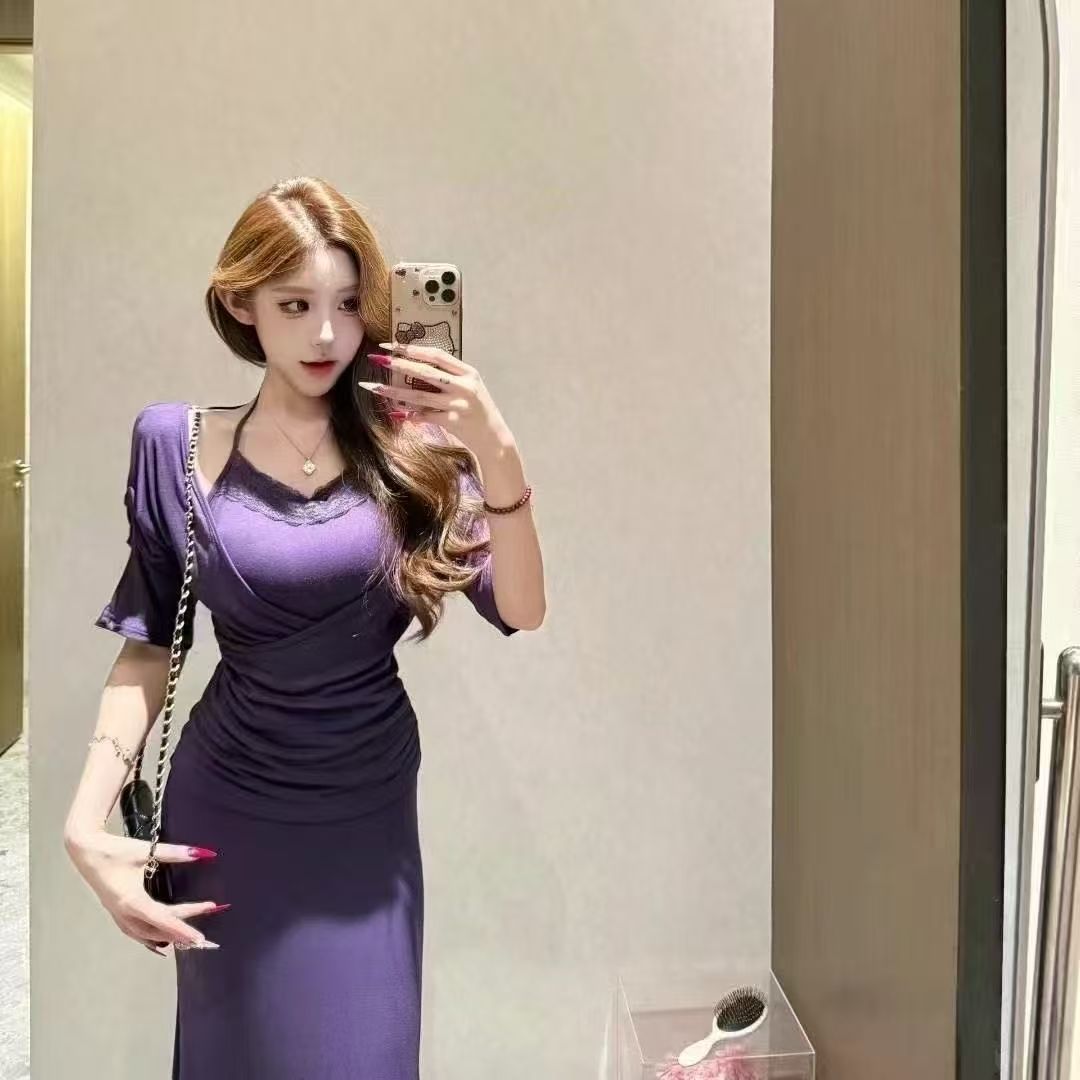 紫色纯欲露背挂脖鱼尾连衣裙套装