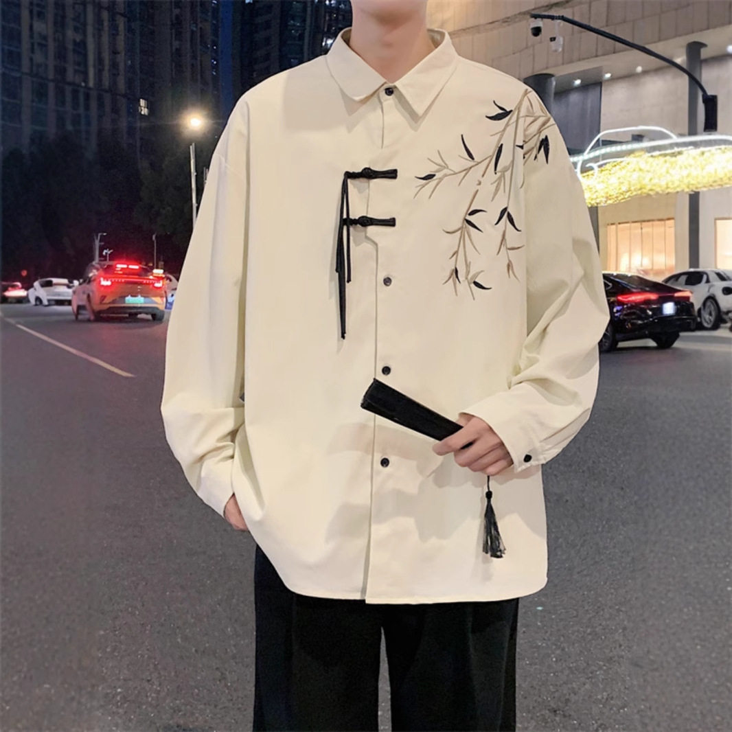 新中式翠竹刺绣男衬衫订婚领证
