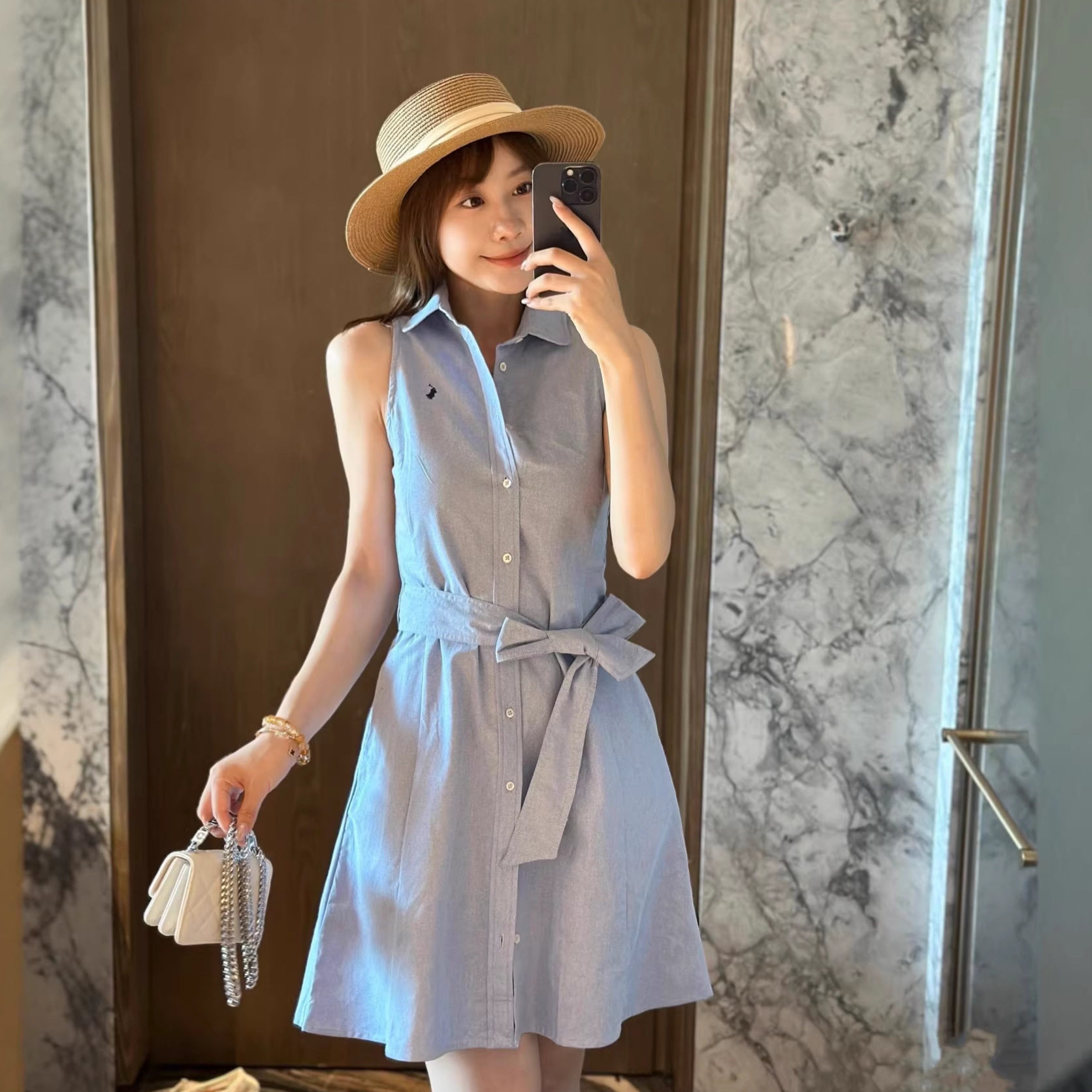 小马标刺绣POLO领收腰女士连衣裙