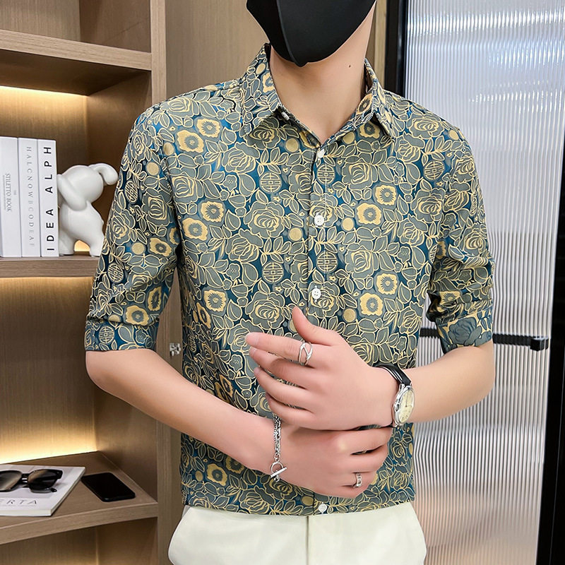 夏季男士修身提花痞帅花衬衫