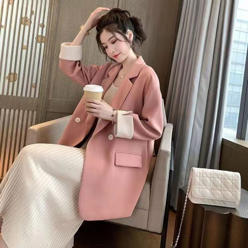 韩版粉色双排扣宽松小西装女