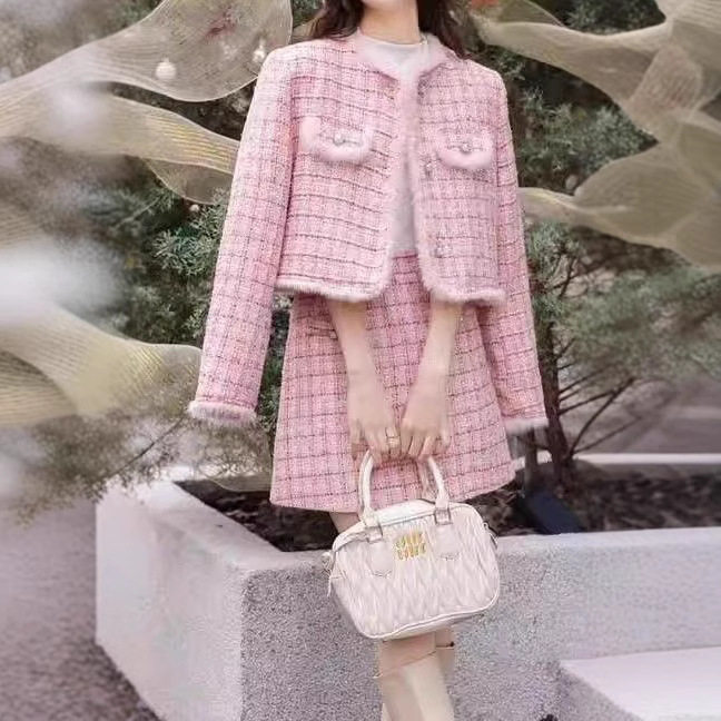 小香风粗花呢短裙套装女秋冬