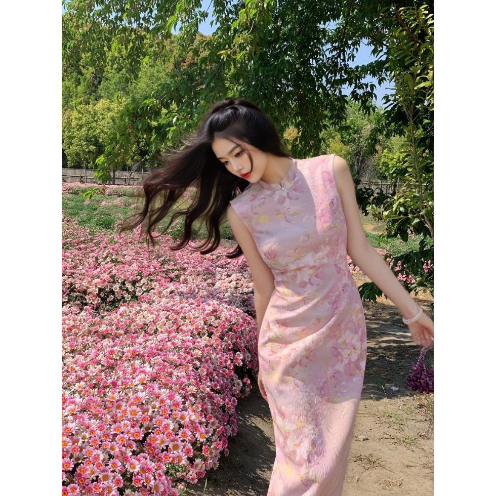 樱落令新中式粉色碎花改良旗袍