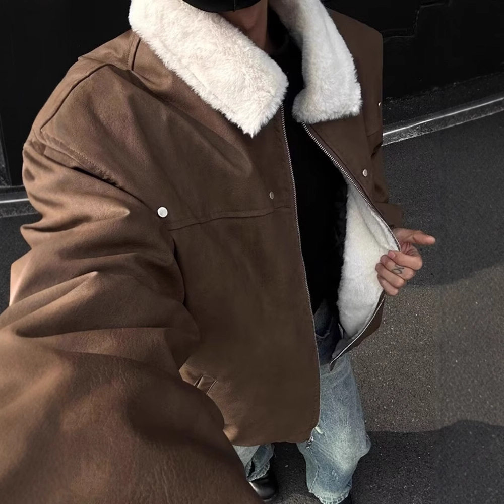 冬季美式PU皮羊羔绒加厚男棉服