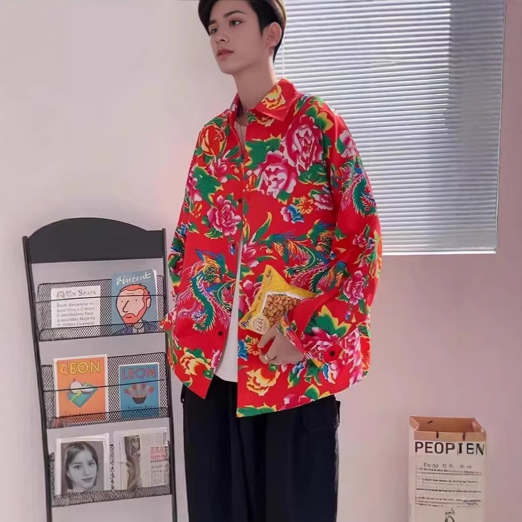 春秋男士宽松牡丹花长袖衬衫