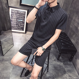 条纹男式休闲运动套装夏季时尚衬衫短裤短袖两件套日系男装百搭潮