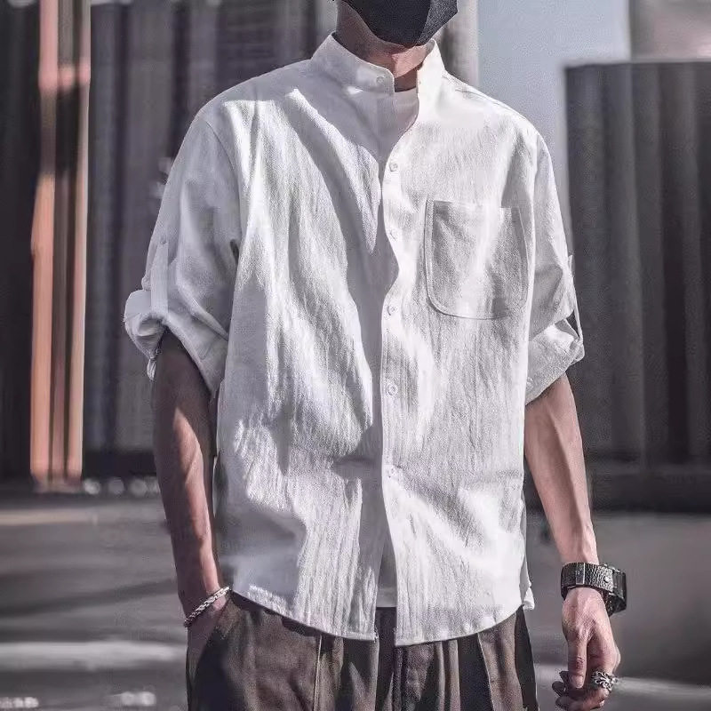 夏季薄款棉麻男士立领七分袖衬衫