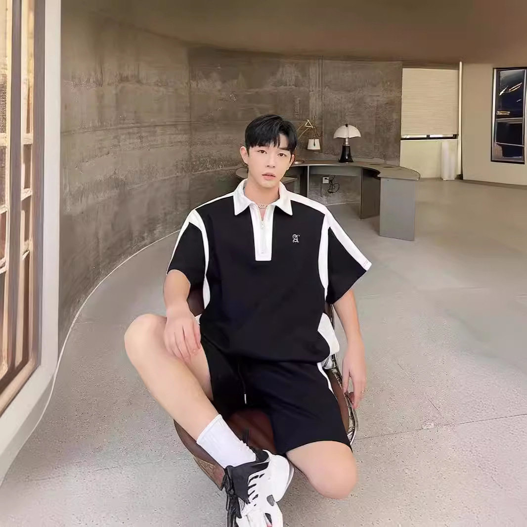 夏季ins潮牌男POLO撞色运动套装