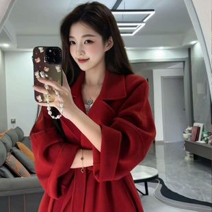红色双面呢子大衣女中长款2026秋冬季新款小个子高级感羊毛呢外套