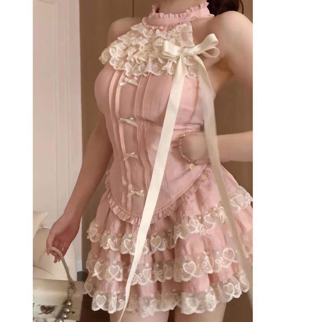 夏季甜美蕾丝蝴蝶结高腰蛋糕裙