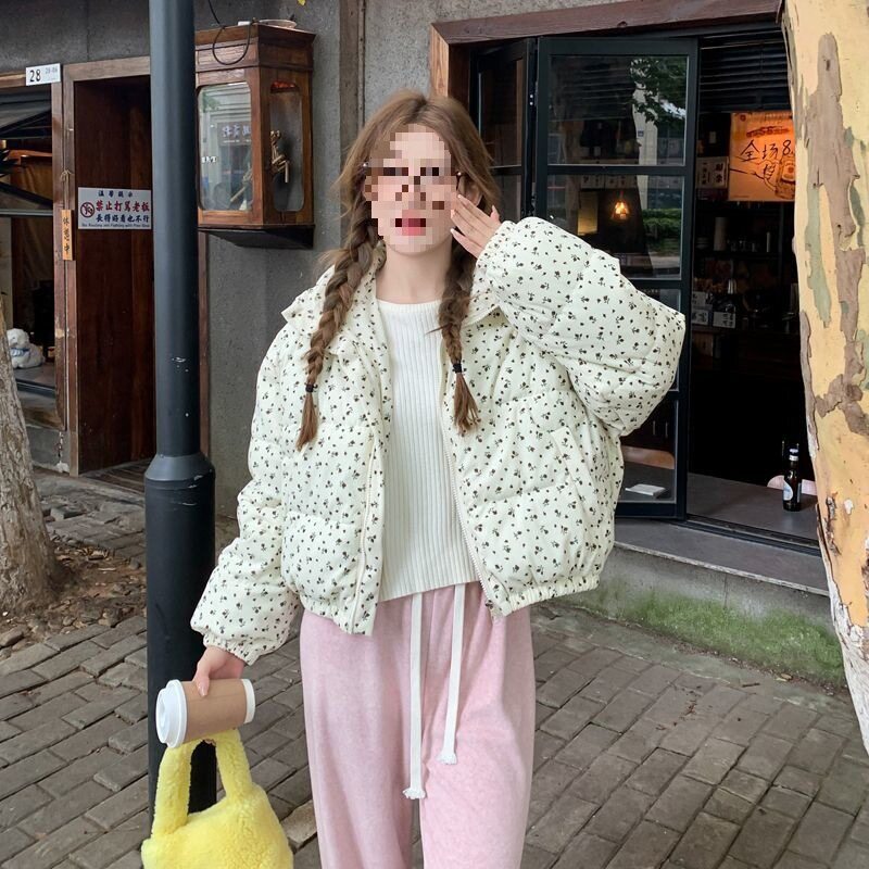 韩系碎花女加厚羽绒棉服小个子