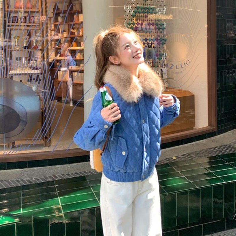 北海道漫步 百搭蓝色菱形格夹棉环保毛领棉服外套少女风保暖棉服