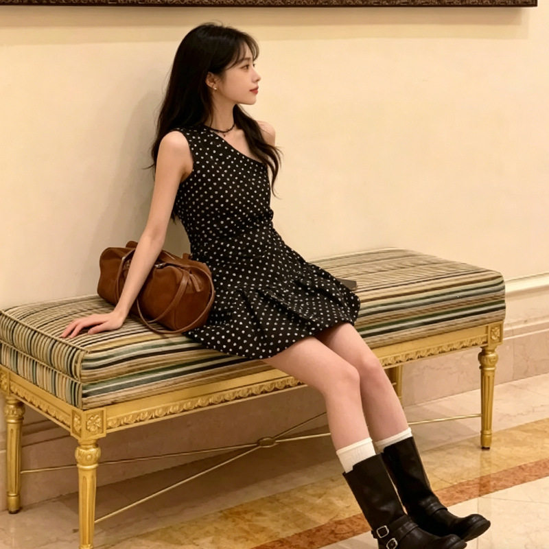 波点斜肩领褶皱超短款花苞连衣裙挂脖黑色波点连衣裙2026春夏新款