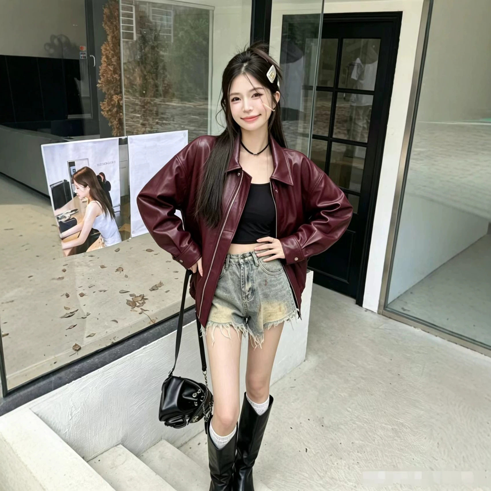 美拉德机车短款皮衣女秋冬显高