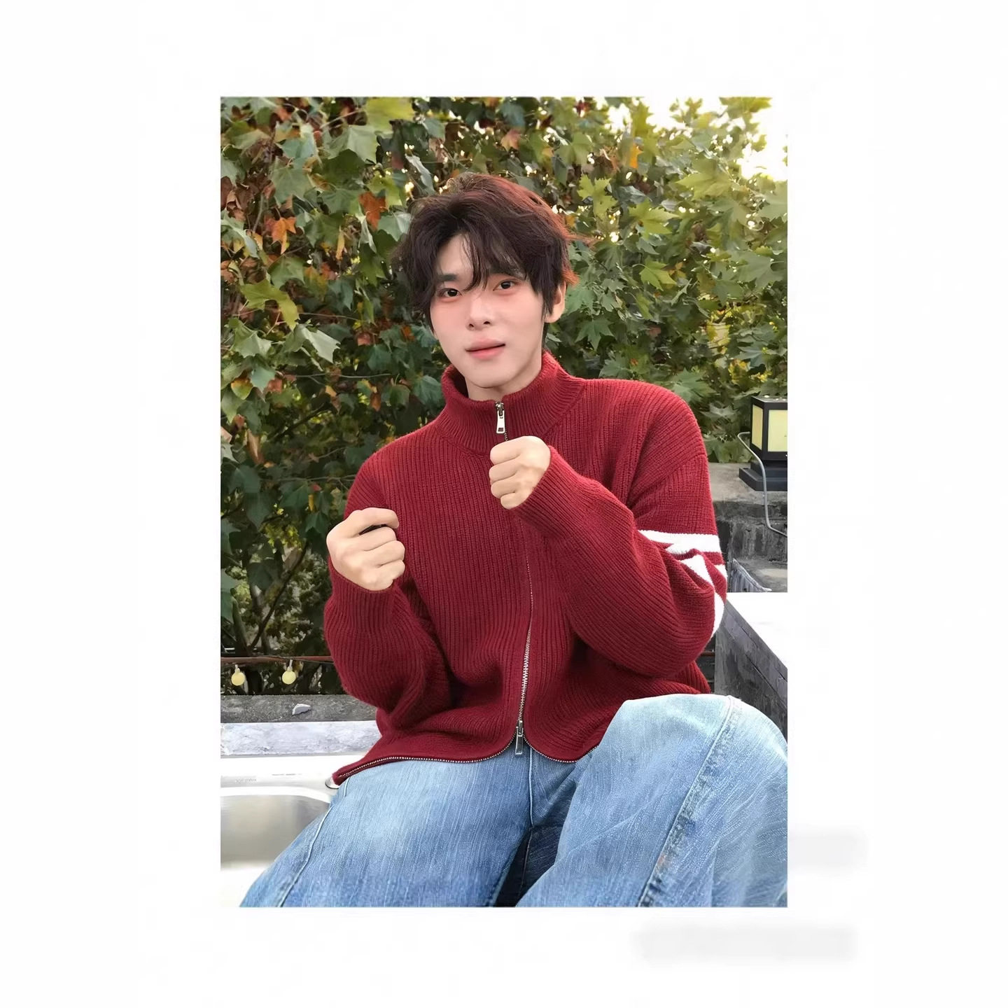 红色三条杠拉链开衫毛衣男秋冬