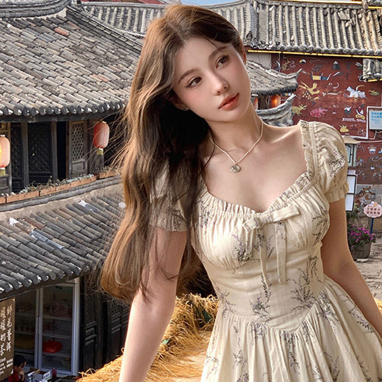 茶歇法式印花蝴蝶结连衣裙