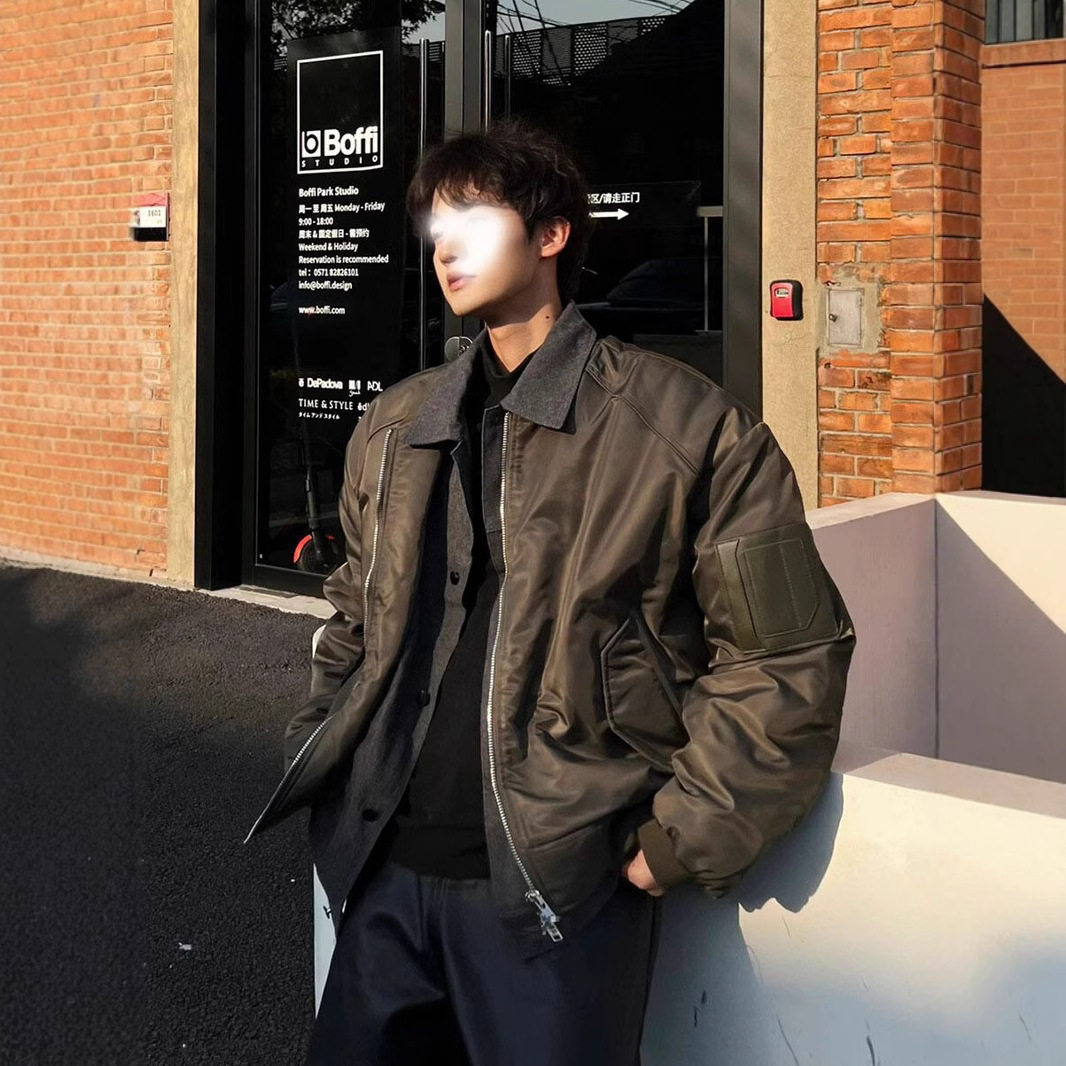 军绿色拼接假两件短款飞行员外套男秋冬夹克设计感棉服翻领棒球服