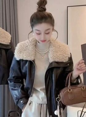 秋冬加绒大翻领PU皮短皮衣女