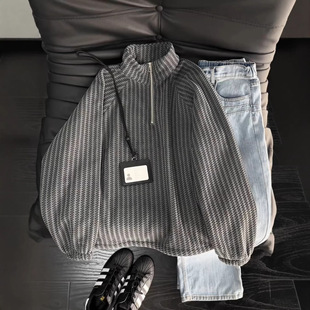 复古外套 加绒加厚上衣小香风美式 鱼骨纹半拉链立领卫衣男款 秋冬季