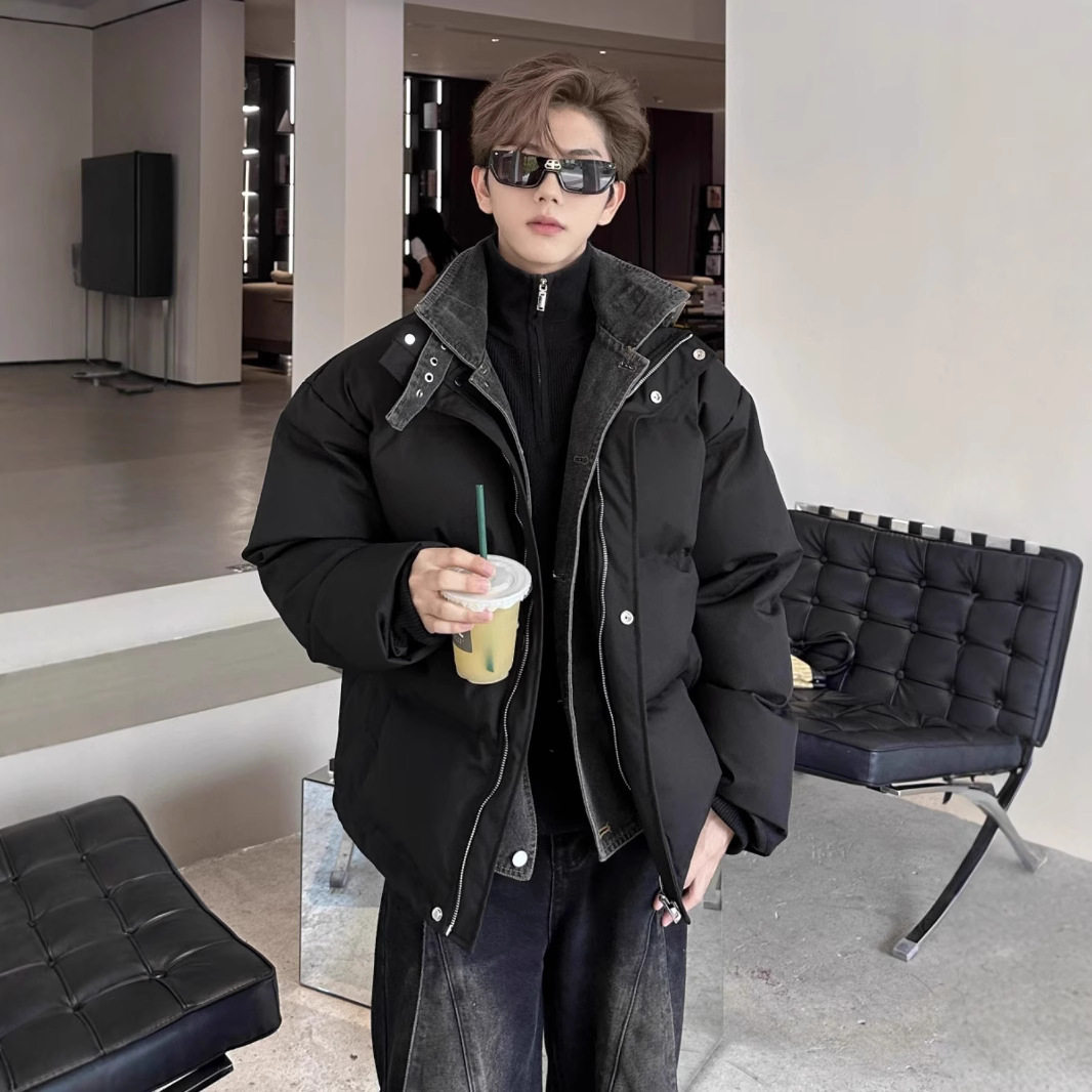 男士加厚立领假两件拼接面包服