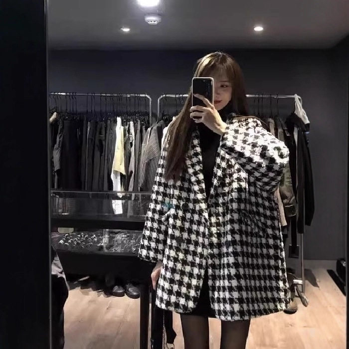 秋冬韩版复古格子毛呢西装外套女
