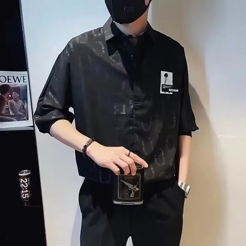 夏季冰丝七分袖痞帅男士衬衫