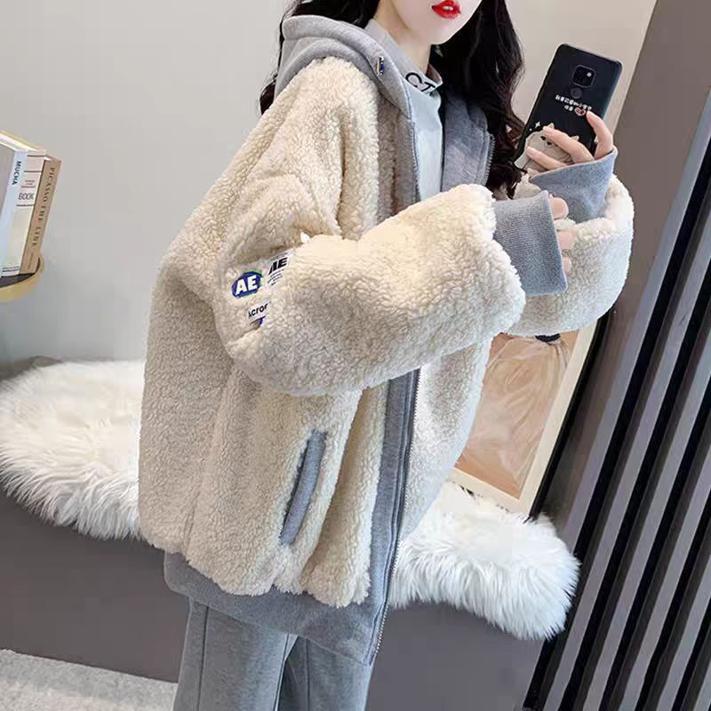 羊羔绒连帽卫衣外套女秋冬新款