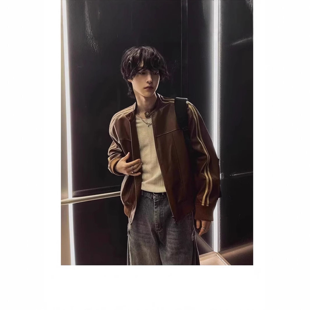 美拉德风男士立领机车皮夹克
