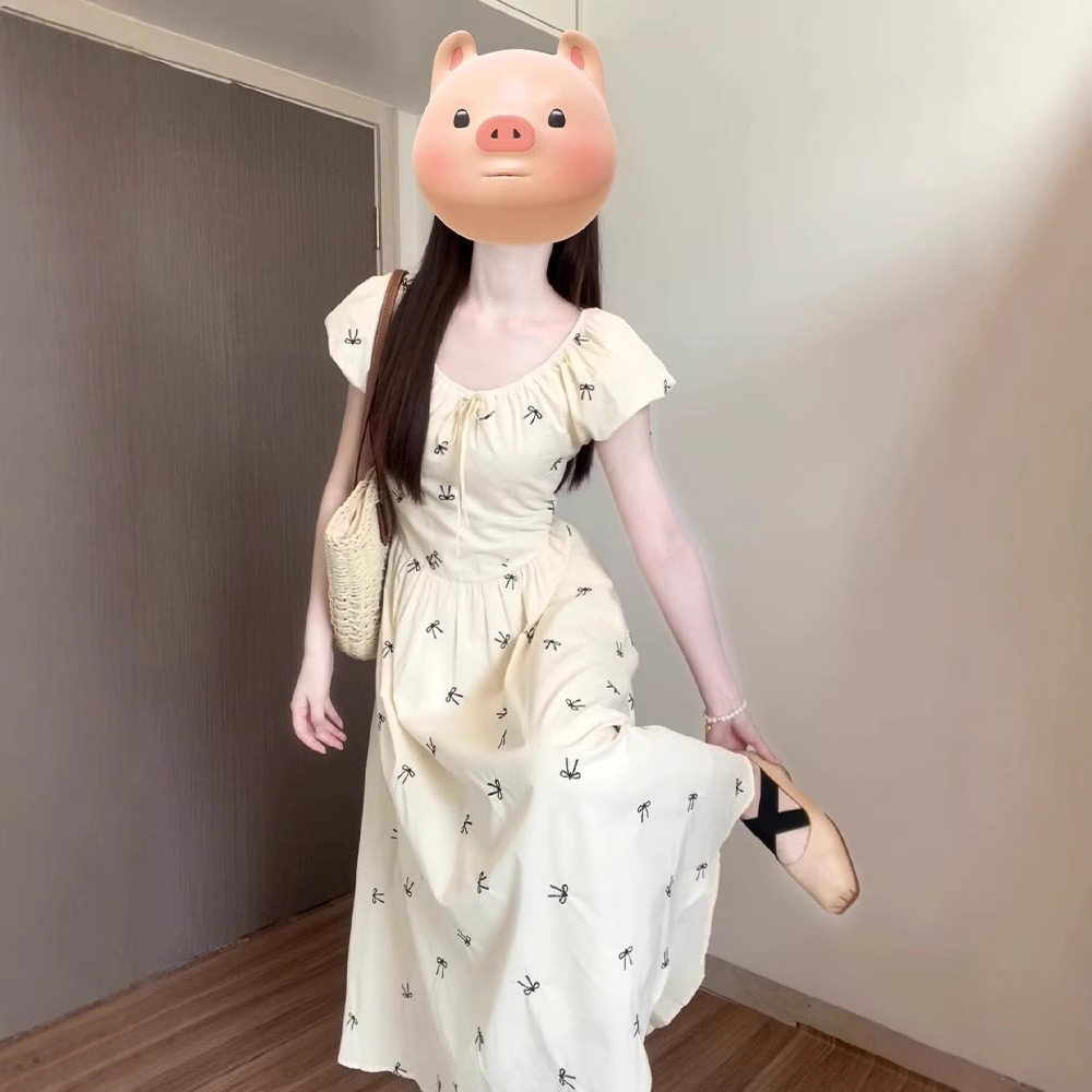 夏季法式蝴蝶结碎花泡泡袖长裙