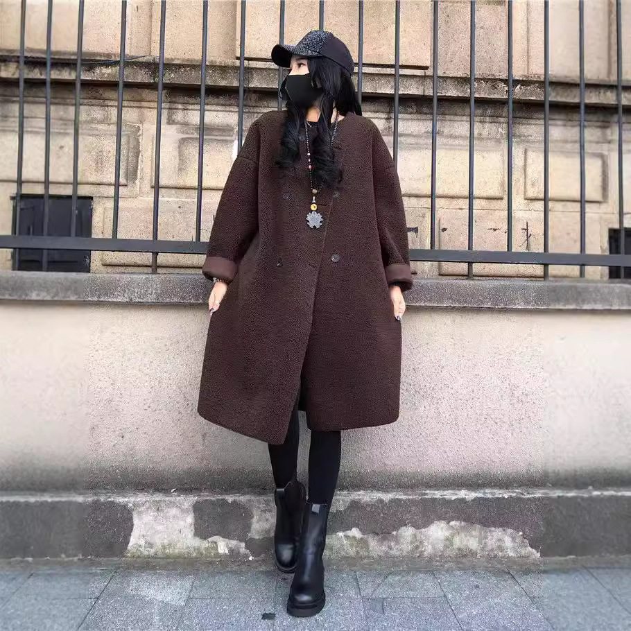 韩系秋冬皮毛一体羊羔毛大衣女