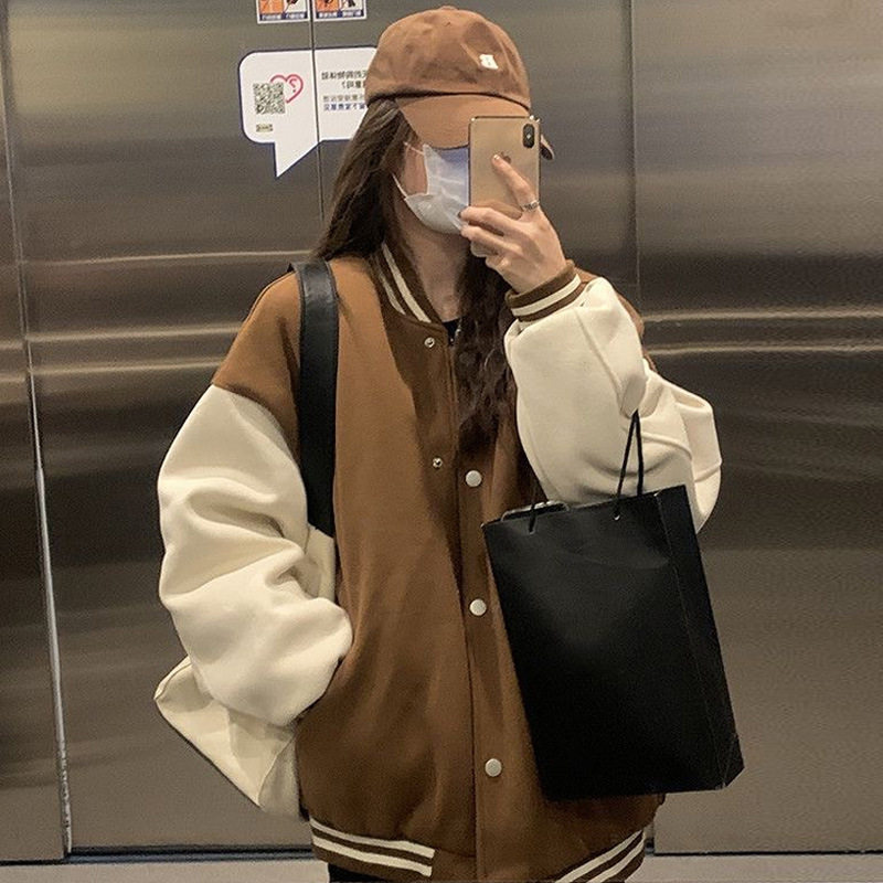 美式复古加绒加厚棒球服女秋冬